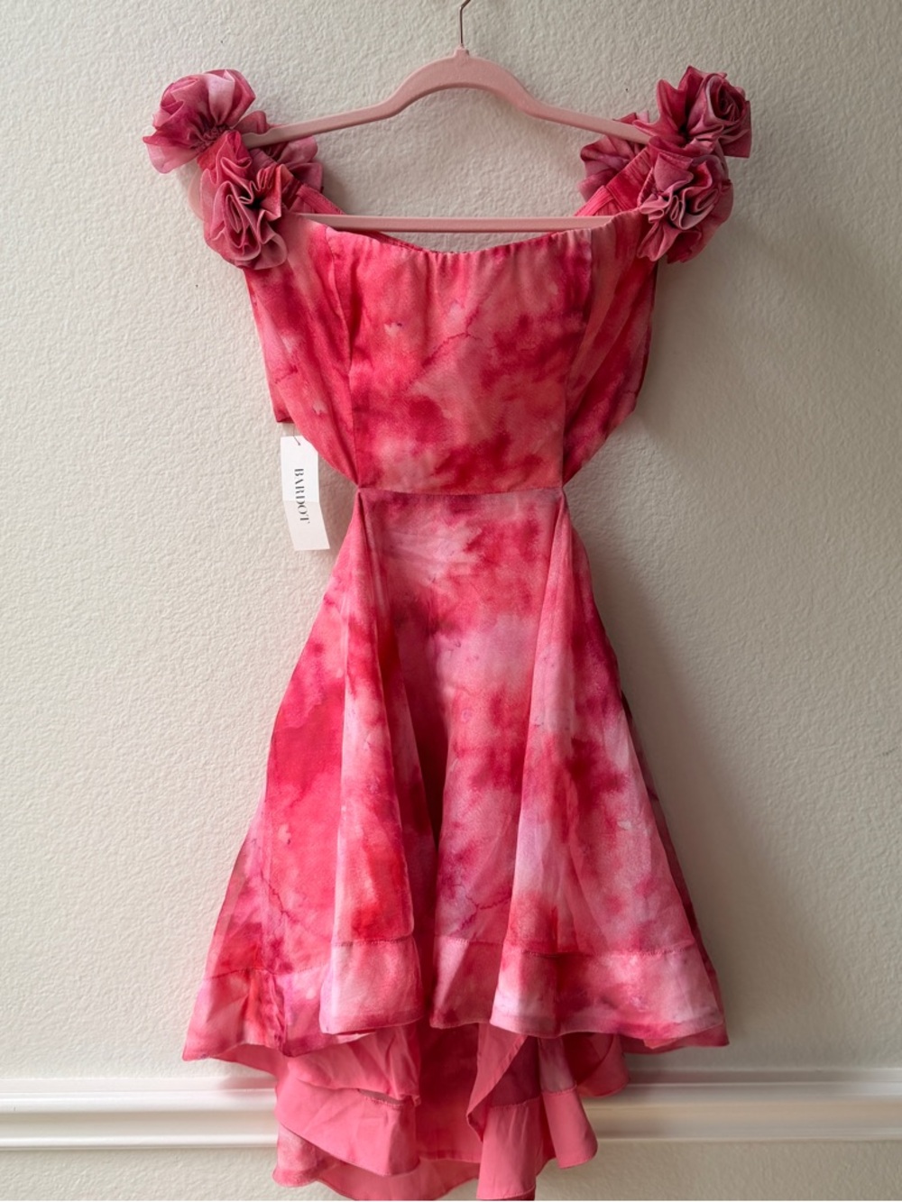 Bardot Cupid Mini Dress Pink Tie Dye Ruffle Strap Fit & Flare Fairycore NWT US 6